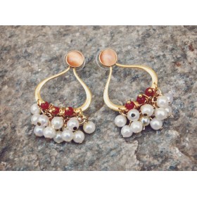 Pearl Bunch Bali Earrings with Ruby Accents
